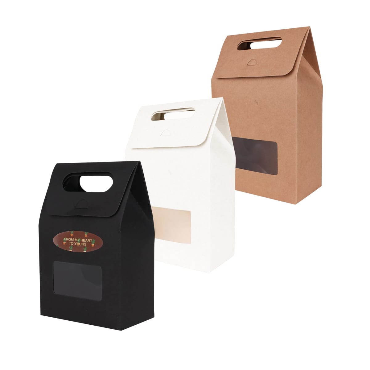 Three gift bags: black, white, and brown, each with a transparent window and handle.
