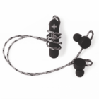 Black wireless earbuds with braided cable and built-in volume controls.