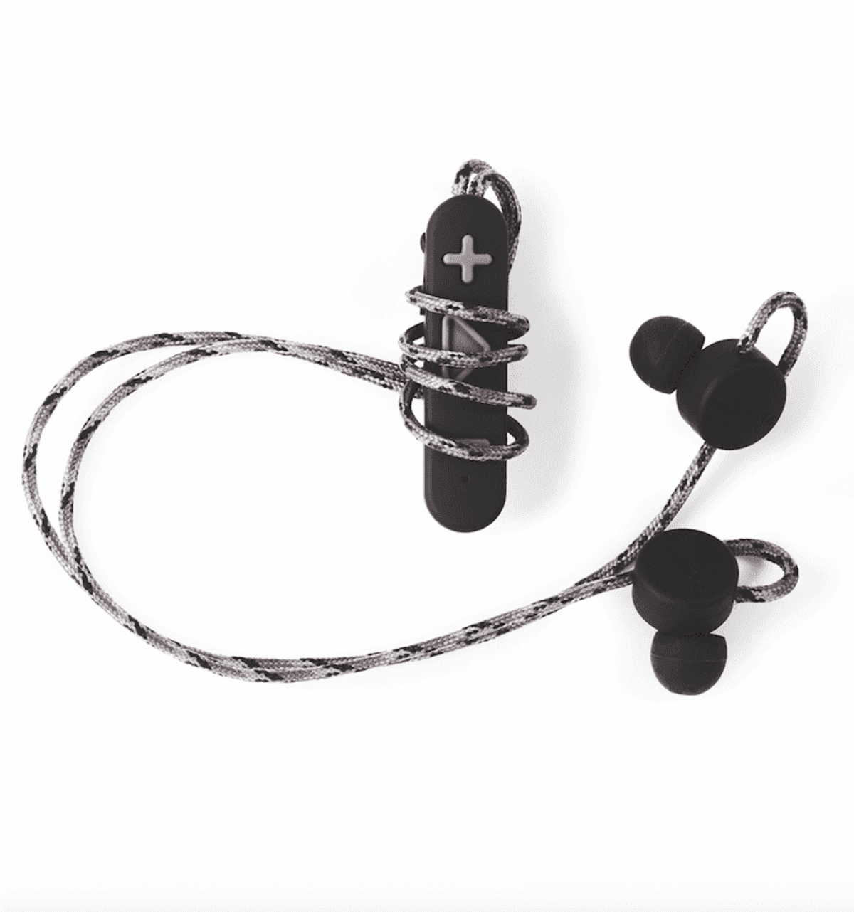 Black wireless earbuds with braided cable and built-in volume controls.