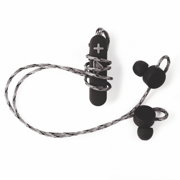 Black earphones with braided cable and in-line remote, isolated on a white background.