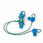 Blue and green earbuds with patterned cords against a white background.