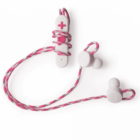 Pink and white earbuds with a braided cable and inline controls.