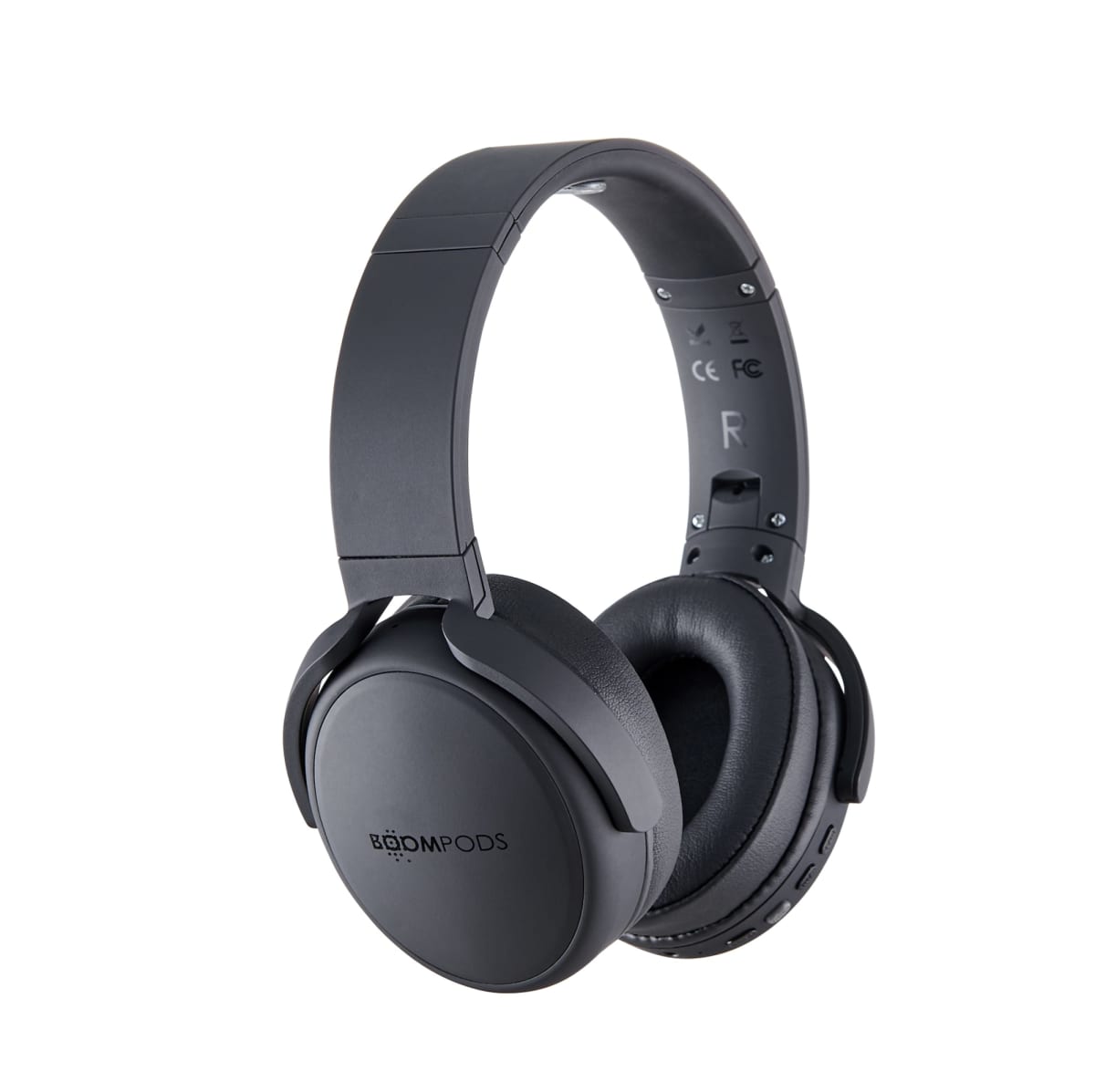 Black over-ear headphones with Boompods logo on ear cup, isolated on a white background.