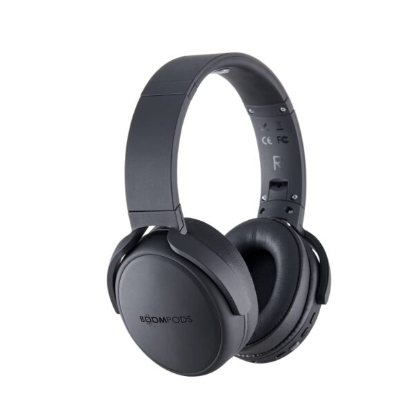 Black wireless over-ear headphones with Boompods logo on earcup.
