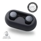 Black wireless earbuds in a charging case, labeled 20 hrs play time and magnetic case.
