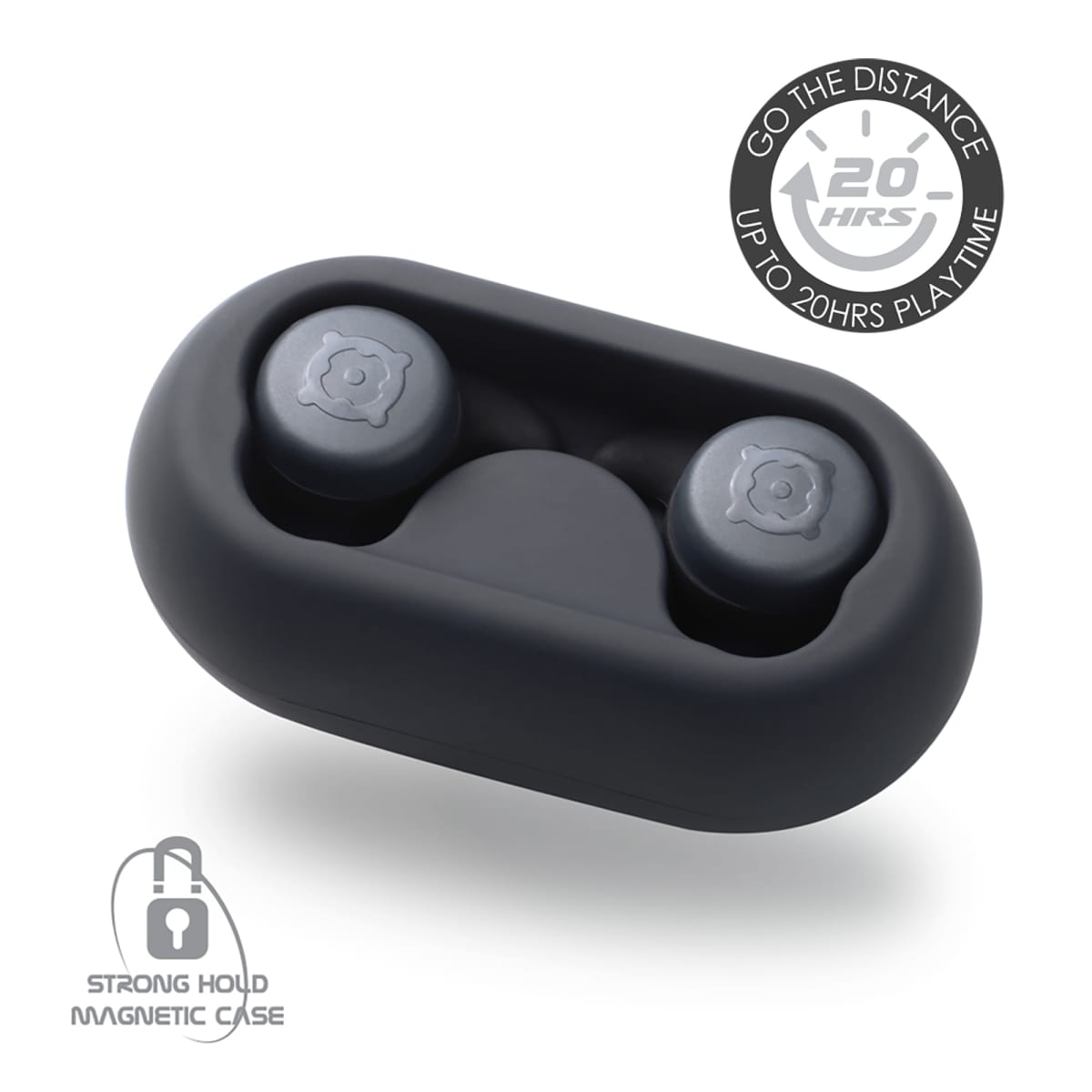 Black wireless earbuds in a charging case, labeled 20 hrs play time and magnetic case.