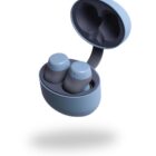 Blue wireless earbuds in an open charging case on a white background.