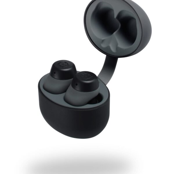 Black wireless earbuds with a matching open charging case.