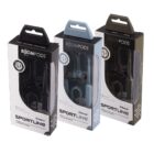 Three BoomPods Sportline earbud packages in black, blue, and gray.