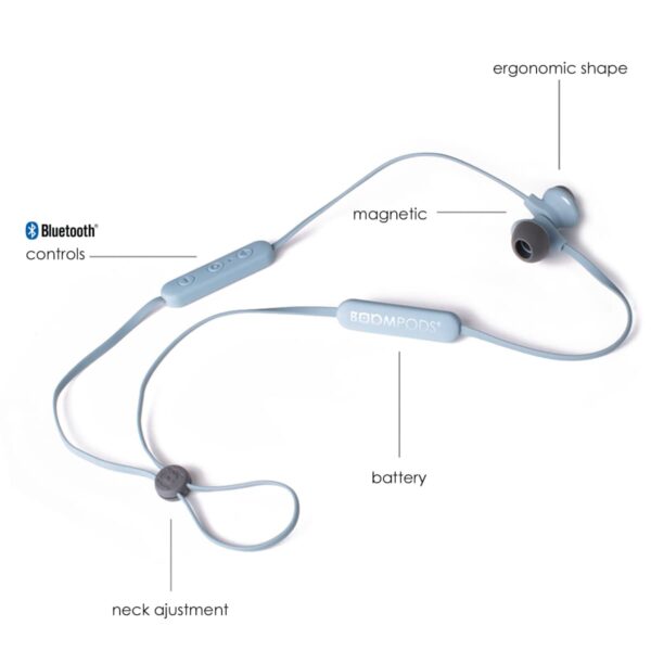 Blue wireless earbuds with magnetic ends, controls, battery, and neck adjustment feature.