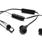 Black wireless earbuds with a neckband and inline control buttons.