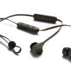 Green wireless earbuds with neckband and control buttons on a white background.
