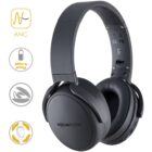 Black over-ear headphones with ANC, 12-hour playtime, folding, and ergonomic design icons.