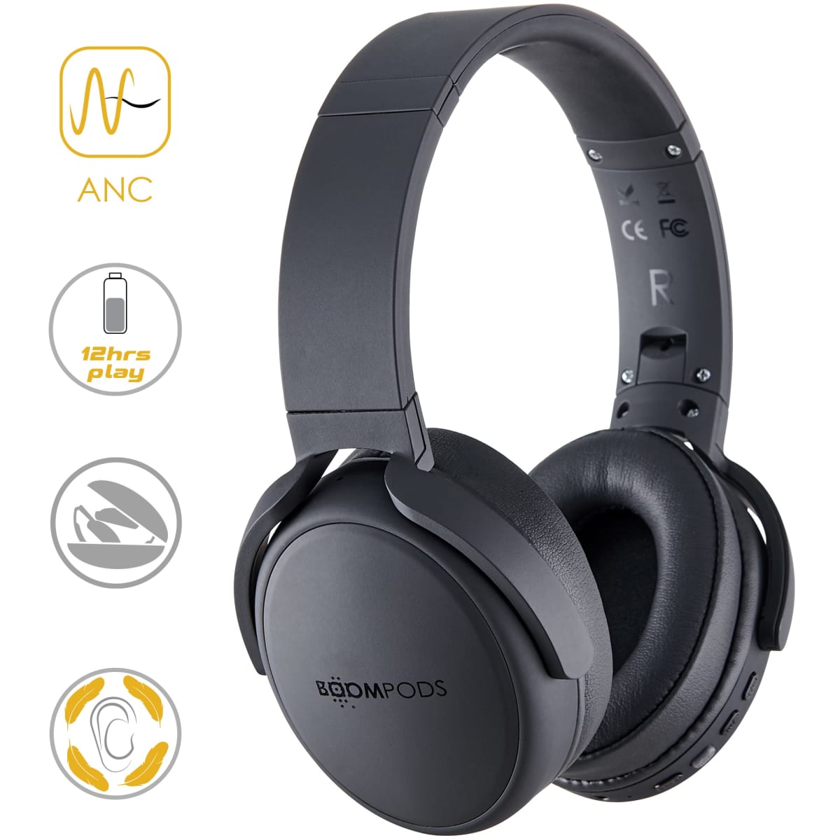 Black over-ear headphones with ANC, 12-hour playtime, folding, and ergonomic design icons.