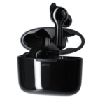 Black wireless earbuds in an open charging case on a white background.