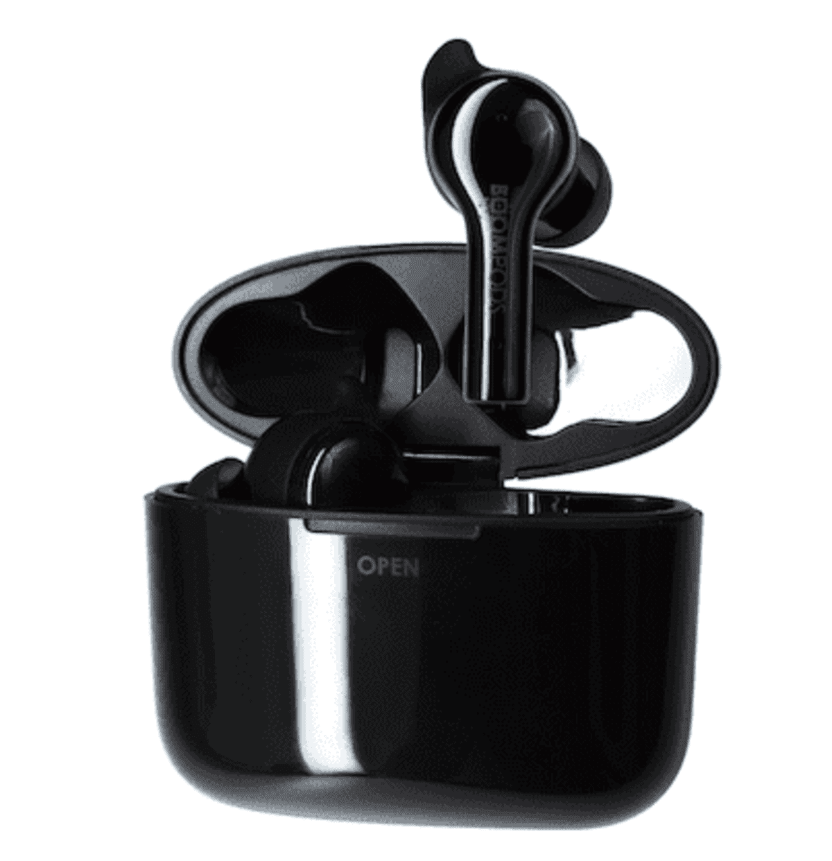 Black wireless earbuds in an open charging case on a white background.