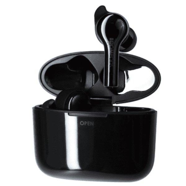 Black wireless earbuds in an open charging case.