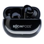 A pair of black wireless earbuds in an open charging case with BOOMPODS branding on the front. The design is sleek and modern, with a curved, compact shape.