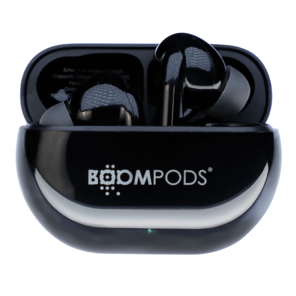 A pair of black wireless earbuds in an open charging case with BOOMPODS branding on the front. The design is sleek and modern, with a curved, compact shape.