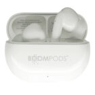 White wireless earbuds in an open charging case, featuring the brand name BOOMPODS on the front of the case. The background is plain white.