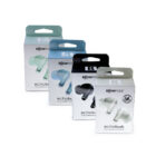 Four boxes of Boompods Echobuds are displayed at an angle. Each box shows an image of the earbuds and varies in color: light blue, teal, black, and white. The packaging highlights plastic free at the top.