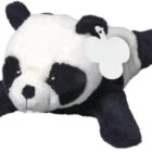 A plush toy in the shape of a panda bear lying on its stomach. The toy has a white body with black patches around the eyes, ears, and limbs. A white tag is attached to its head.