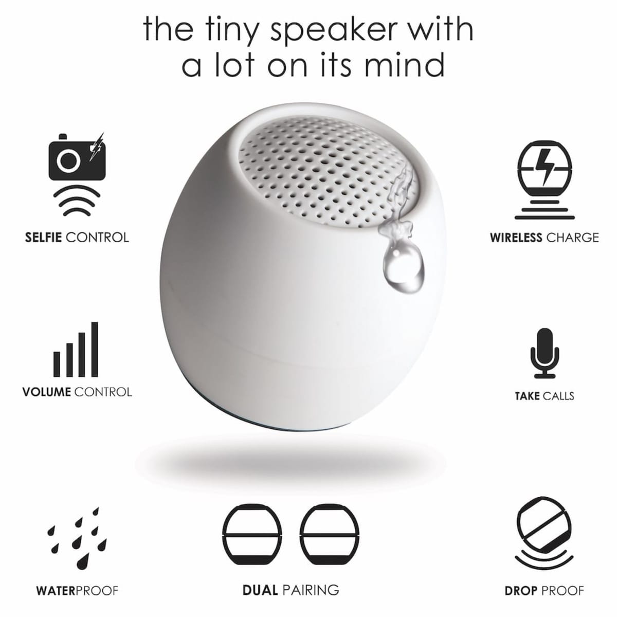 White spherical portable speaker with icons for features like waterproof and wireless charge.