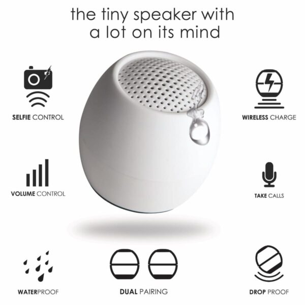 Small white speaker with various feature icons around it.