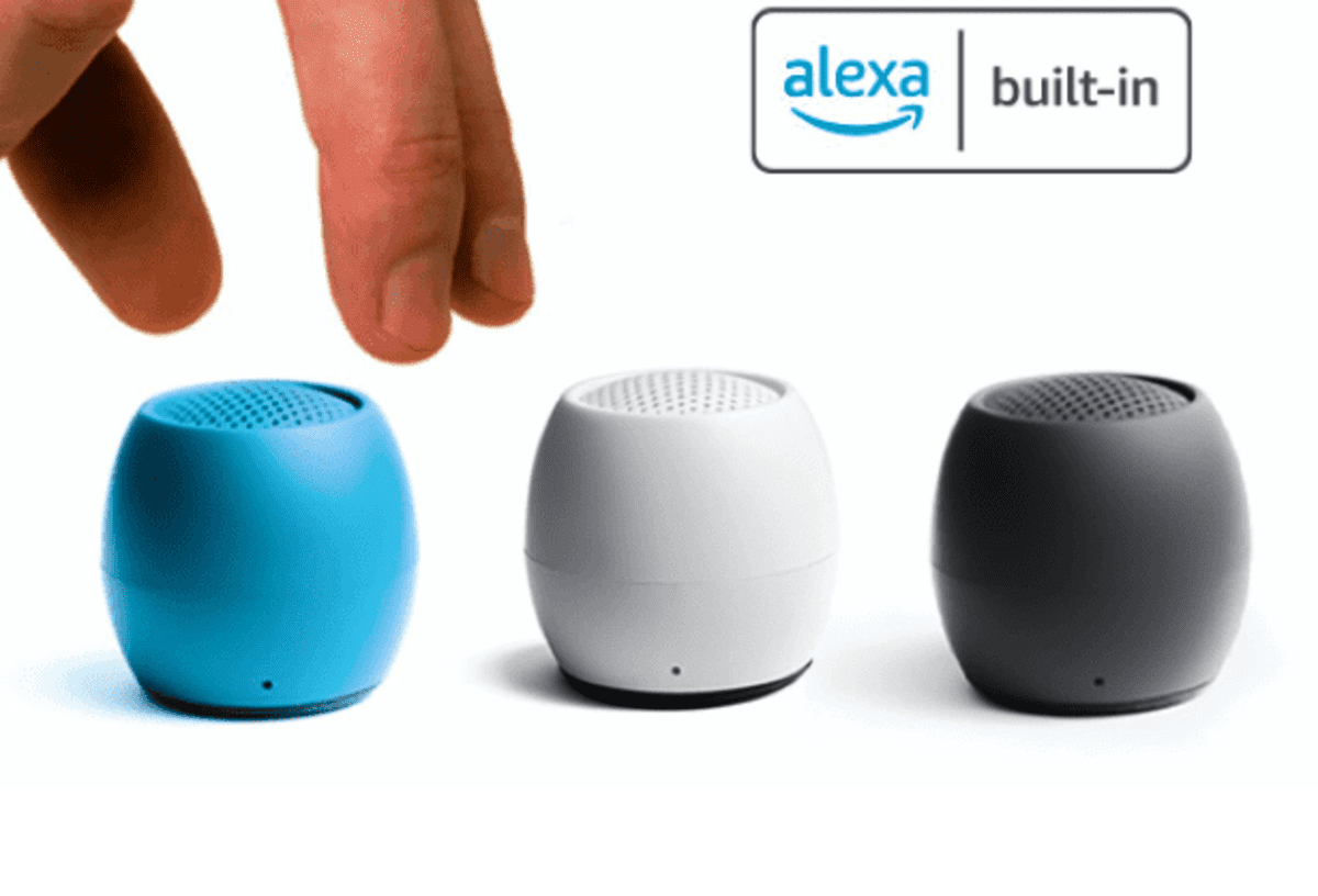 Three small smart speakers in blue, white, and gray with Alexa logo above.
