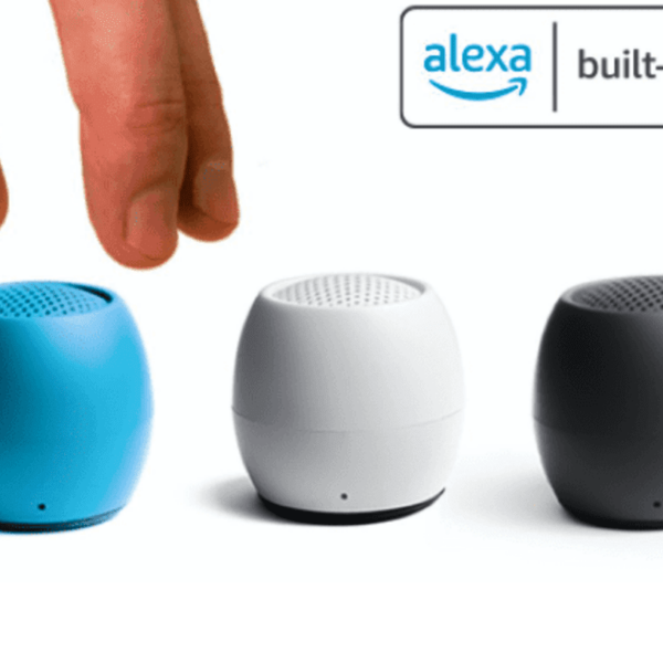 Three small speakers with Alexa built-in; blue, white, and gray. Hand reaching towards them.