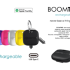 Six colorful key tags and a black tag with USB-C port, labeled as rechargeable item trackers.