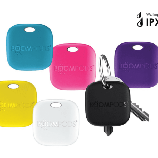 Six colorful BOOMPODS trackers, one with keys attached, and IPX7 waterproof label.