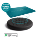 A blue tracking tag and round black charging pad with Made from 100% ocean plastic label.
