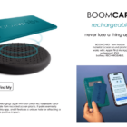 A teal card tracker, charging pad, and phone app with BOOMCARD branding and features shown.