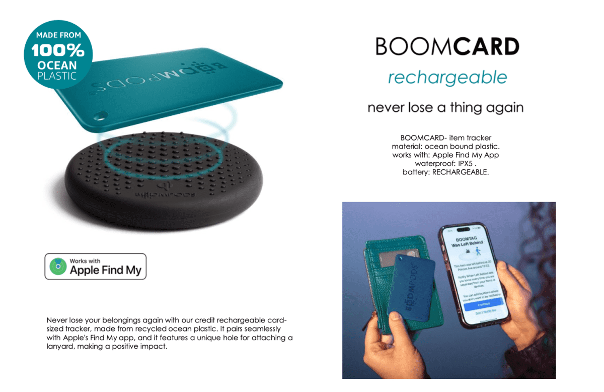 A teal card tracker, charging pad, and phone app with BOOMCARD branding and features shown.