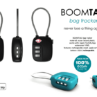 Three BOOMTAG bag trackers in black and teal, with cables, packaging, and feature text shown.