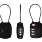 Three black TSA-approved combination locks with flexible steel cables, shown from different angles.