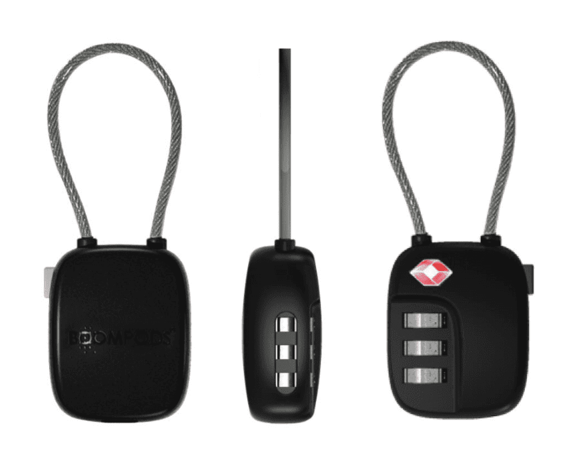 Three black TSA-approved combination locks with flexible steel cables, shown from different angles.