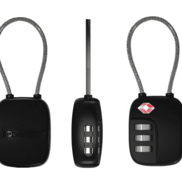 Three views of a black combination travel lock with a flexible cable and three dials.
