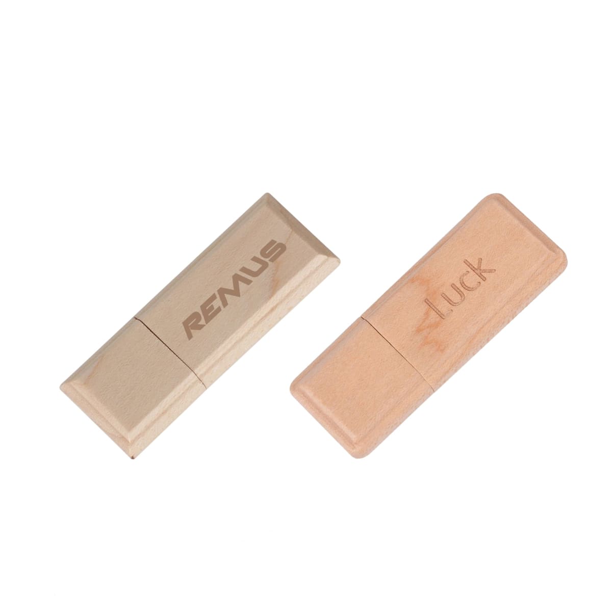 Two wooden USB drives, one labeled REMUS and the other Luck.