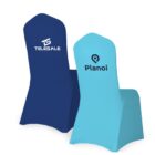 Two decorated chairs with logos on blue and turquoise covers.