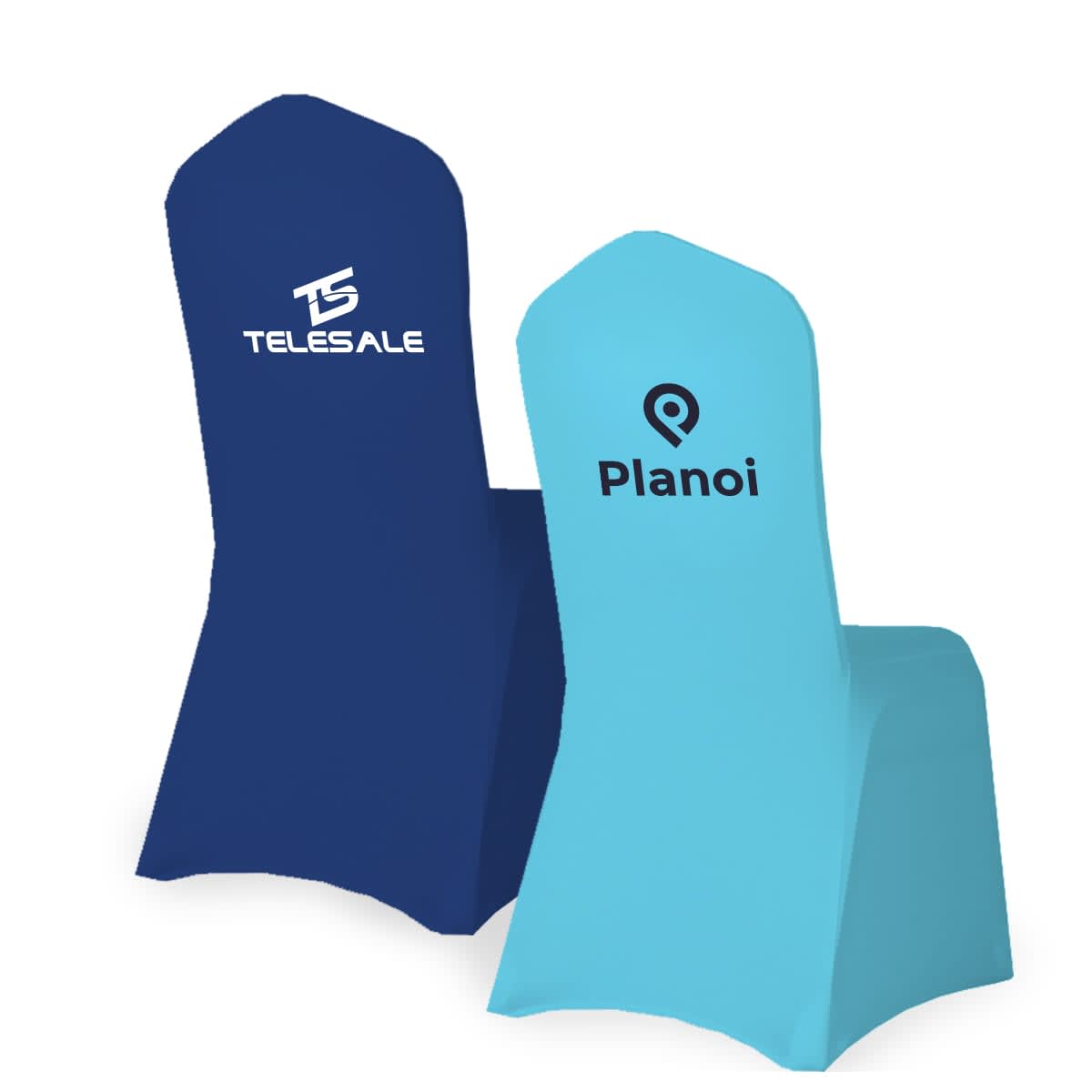 Two decorated chairs with logos on blue and turquoise covers.