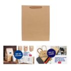 Brown paper bag with custom sticker and stamp options shown in small images below.