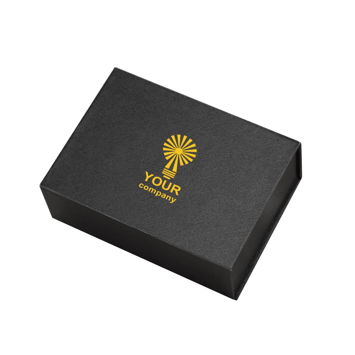 Black box with a yellow logo and YOUR company text on the lid.