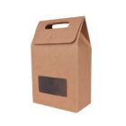 Brown paper bag with a handle and a transparent window at the front.