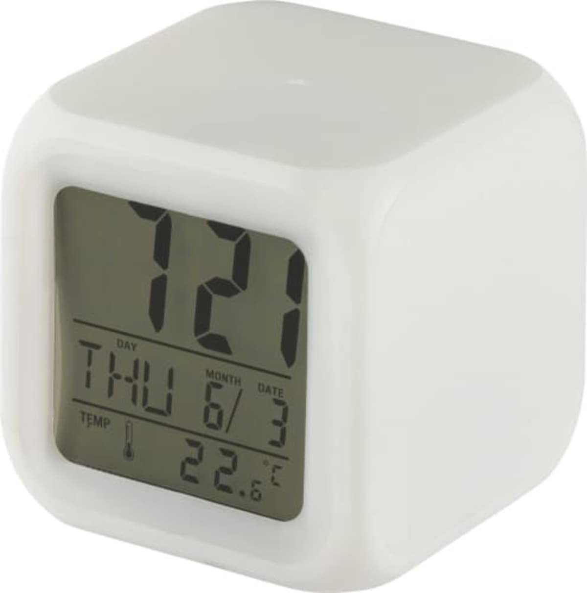 White digital alarm clock displaying time, date, weekday, and temperature on its screen.
