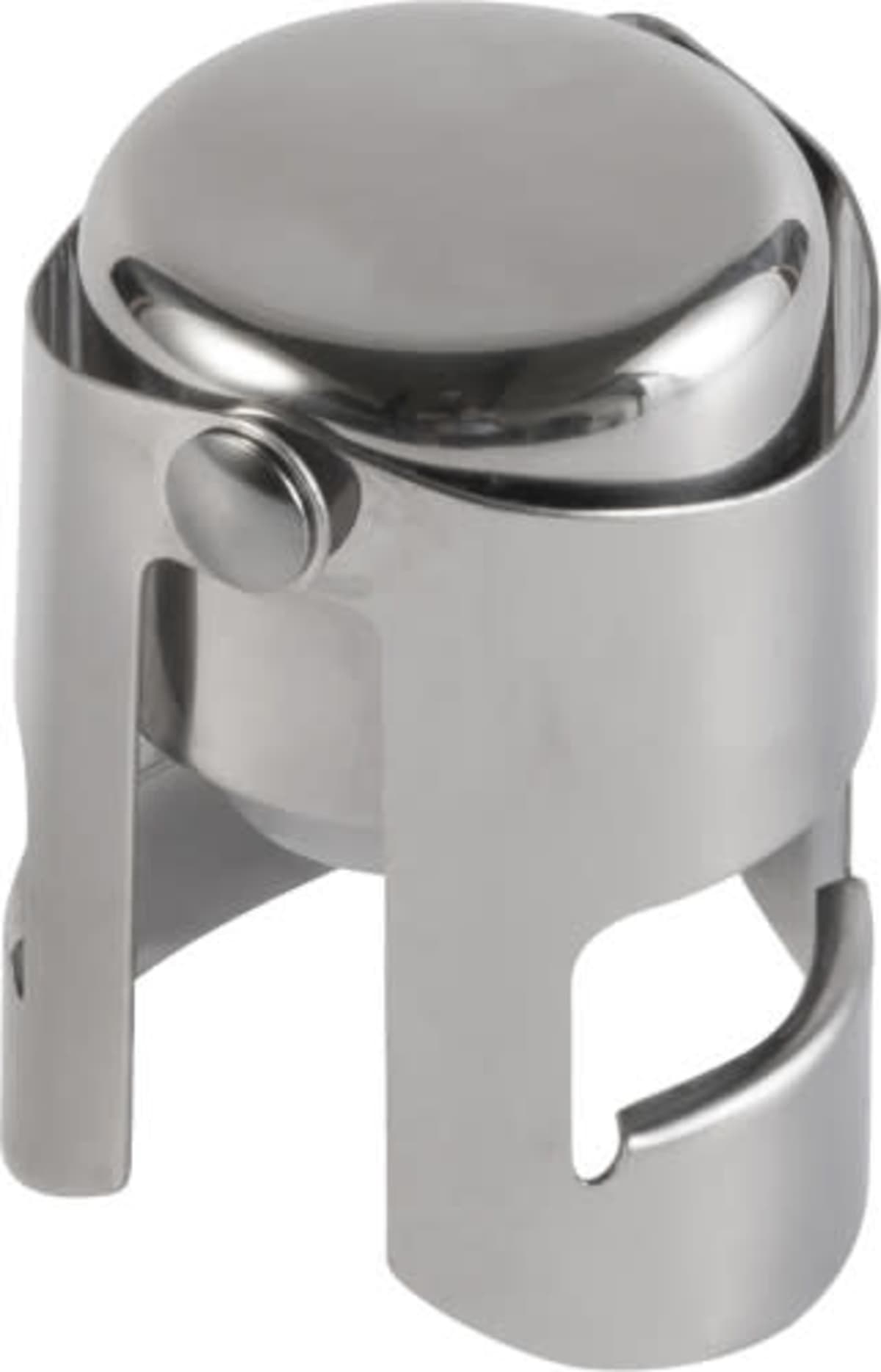 Metal champagne bottle stopper with a secure clasp design.