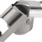 Silver metal hinge connector with two adjustable sections and a cylindrical base.