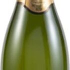 Champagne bottle with gold foil and a metal cage on the cork.