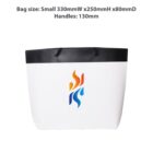 White shopping bag with colorful flame logo and black handles.